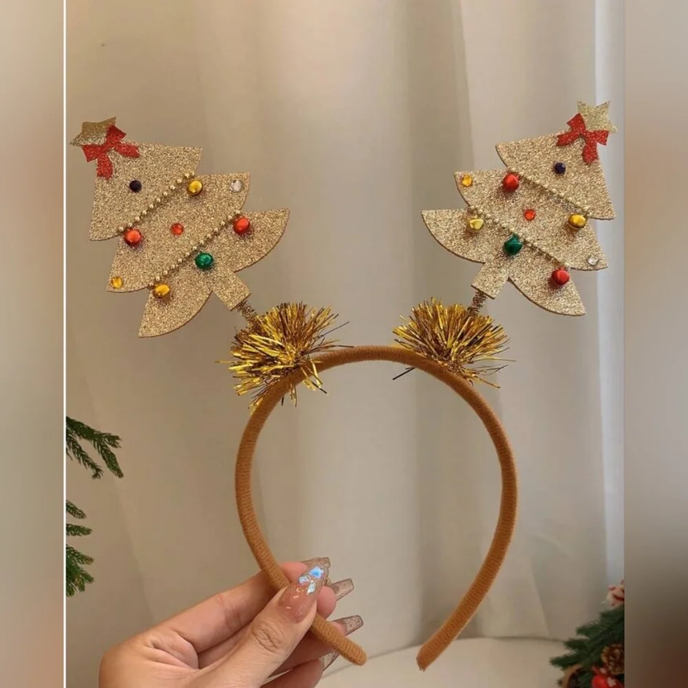 Cute Christmas Star Shape Gold Tinsel Tree With Ribbons headband